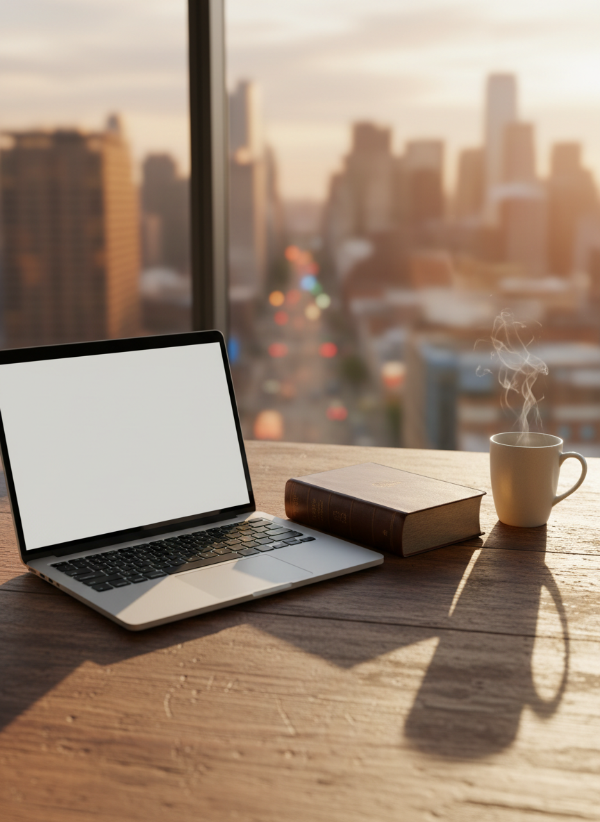 A well‑worn wooden desk seen from an eye‑level perspective, with an open laptop displaying a clean document page, a neatly stacked Bible with a soft leather cover, and a simple ceramic mug with faint steam rising. The desk sits near a large office window overlooking an indistinct cityscape rendered in soft photographic blur, suggesting workplaces everywhere. Late afternoon natural light pours in, creating gentle highlights on the laptop keys and Bible pages and casting long, calm shadows across the desk. The mood is reflective and professional, conveying the idea of everyday work as a place of quiet calling. Photographic realism, balanced composition using the rule of thirds, with a shallow depth of field that keeps the objects crisp while the background melts into warm, peaceful bokeh.