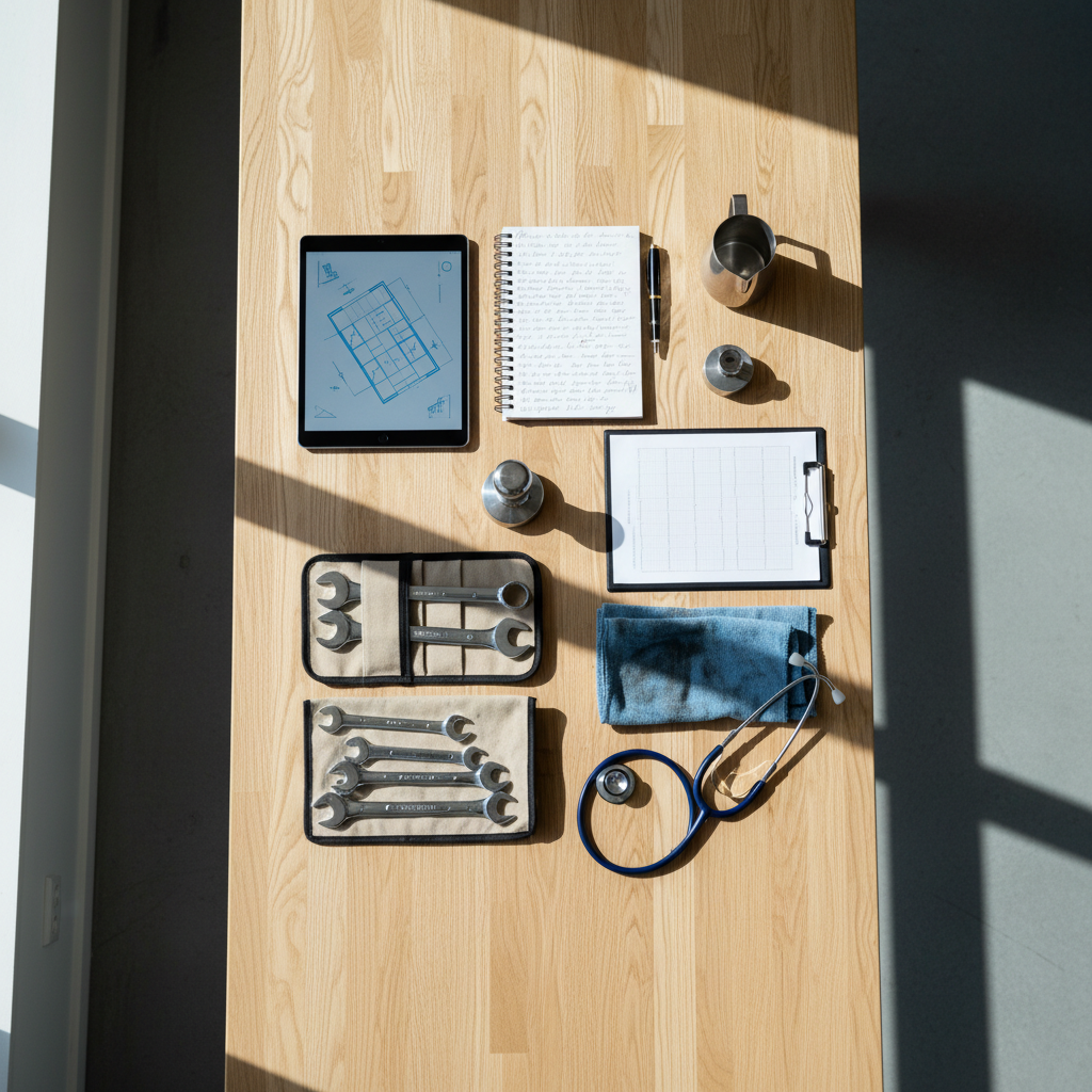 An overhead, photographic view of a long shared worktable made of light oak, covered with diverse tools of modern and everyday work: a tablet with a design sketch, a spiral notebook filled with handwritten notes, a barista’s tamper and metal milk pitcher, a neatly folded mechanic’s rag beside a small wrench set, and a stethoscope resting on a clipboard. Each item is carefully spaced, forming a visual mosaic of vocations. Soft, diffused daylight from a nearby window creates even illumination and subtle, natural shadows, giving each object dimension without harsh contrast. The atmosphere feels inclusive and dignifying, suggesting many ways of serving neighbors through work. Clean, professional photographic realism with sharp focus throughout, shot straight down for a graphic, organized composition.