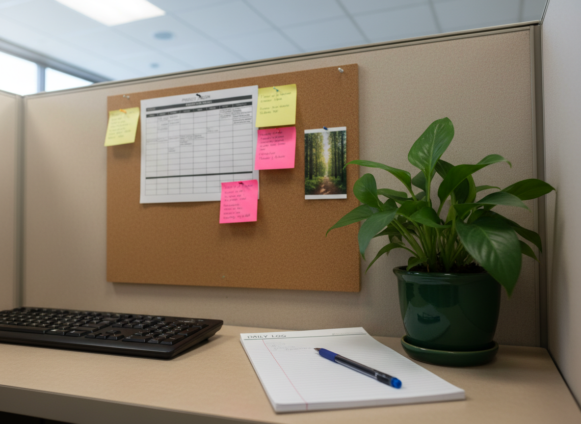 A close‑up, photographic scene of a sturdy, slightly scuffed office cubicle wall with a corkboard panel, covered in pinned notes, a printed weekly schedule, and a small nature photograph. Below it, a simple black keyboard, a lined notepad with a blue pen resting diagonally, and a small potted plant with vibrant green leaves sit on a laminated desk surface. Cool, even fluorescent office lighting is softened by faint natural light seeping from an unseen window, creating a calm, realistic glow without harsh glare. The mood is ordinary yet hopeful, suggesting quiet faithfulness in mundane tasks. Composition is eye‑level with a slight angle, focusing on the plant and notepad in sharp detail while the background corkboard gently blurs, emphasizing contemplation amid routine work.