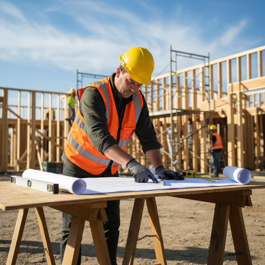 A ground-level photographic view of an active construction jobsite: a worker in a hard hat and safety vest reviewing blueprints spread across a makeshift table made from sawhorses and plywood. In the background, partially framed walls and scaffolding rise against a bright blue sky. Construction tools, a level, and a tape measure rest nearby. Warm natural daylight, professional photographic realism, shallow depth of field with the worker and plans in sharp focus and the jobsite activity softly blurred behind them. The mood is purposeful and dignified, conveying meaningful work and craftsmanship.