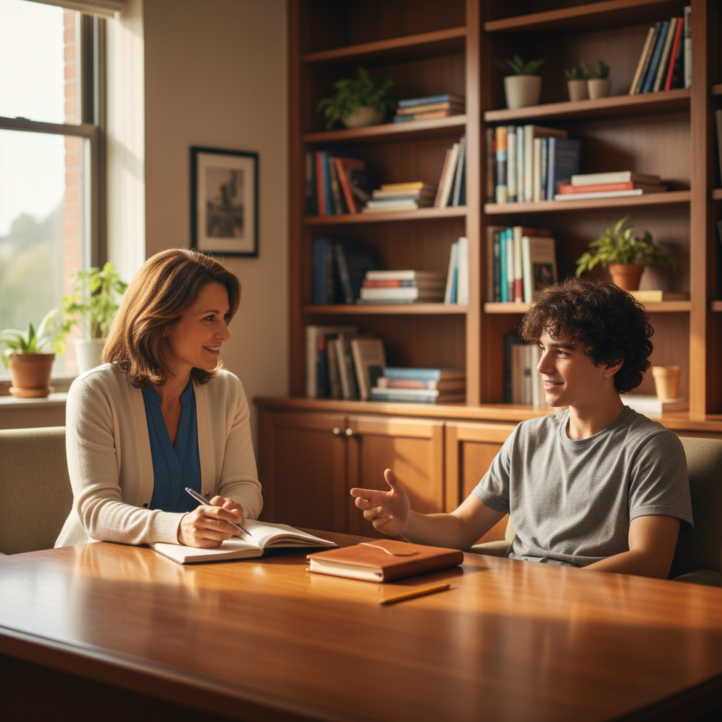 A counselor or teacher seated across from a student or client in a warm, bright office setting, engaged in attentive conversation with a notepad and open book on the desk between them. Bookshelves line the softly blurred background. Natural light streams in from the side, conveying dignified, purposeful service through one's vocation.