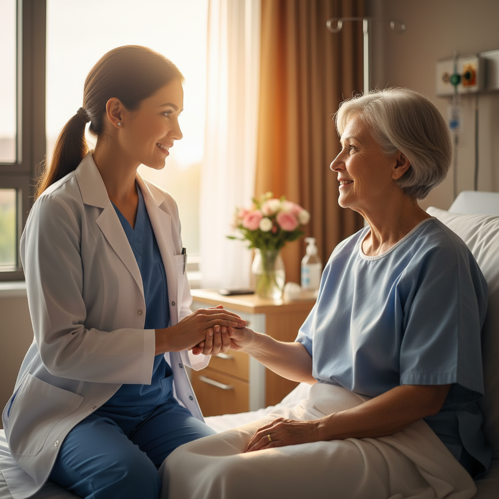 A professional workplace scene showing someone engaged in meaningful work: a healthcare worker checking on a patient with compassion, or a teacher working one-on-one with a student, or a mentor in conversation with a colleague. The setting should feel warm and purposeful, with natural lighting that conveys dignity and service. Professional photographic realism with sharp focus on the human interaction and softly blurred background suggesting an ordinary workplace setting.